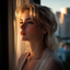 A blonde woman stands by the window with a thoughtful look