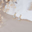 Delicate five-petal flower charm stud earrings with sparkling cubic zirconia stones and gold settings, displayed on a soft neutral background with dried floral accents.