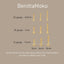 Size chart for BenittaMoko gold labret flat back studs showing 20 gauge (0.8mm), 18 gauge (1mm), and 16 gauge (1.2mm) options with post lengths of 5mm, 6mm, and 8mm. Includes instruction to scroll down for sizing help.