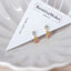 Minimalist gold earrings with clear and pink crystal charms, displayed on BenittaMoko Jewelry card in a ceramic jewelry dish.