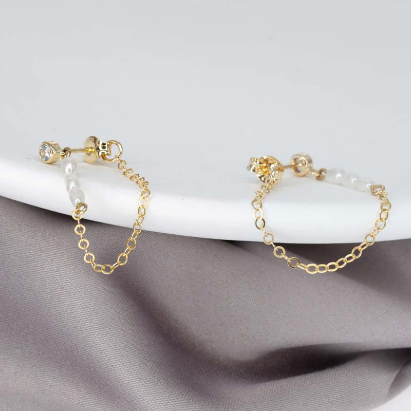 CZ Pearl Chain Stud Ear Jacket Earrings - Timeless Glamour