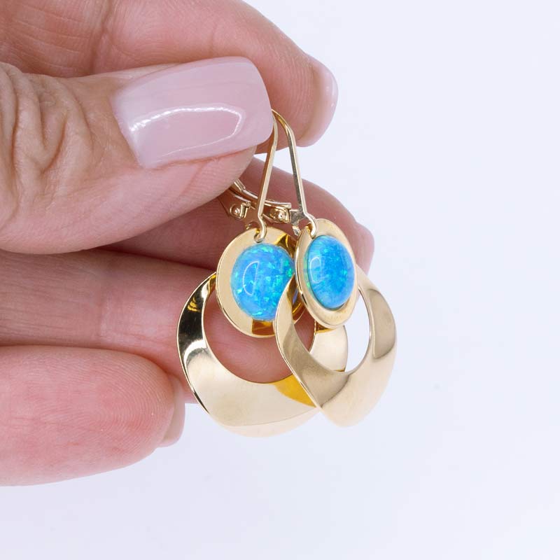 Gold Blue Opal Circle Disc Dangle Earrings for Women