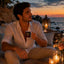 Man holding Midnight Love Rhythms romantic music mug by the sea at sunset
