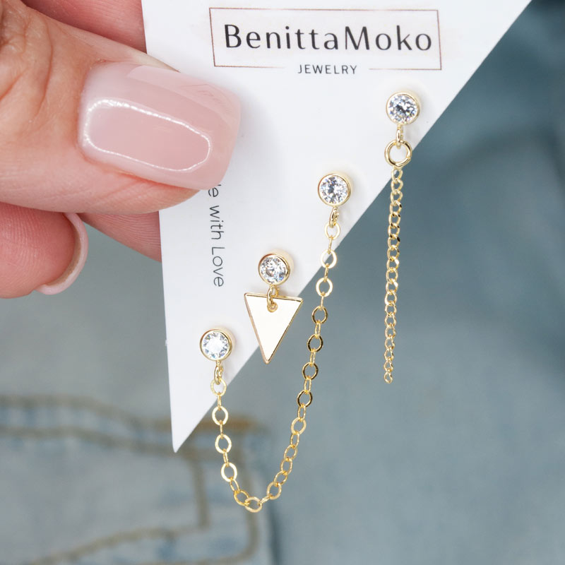 Sparkling Ear Party Set: Cubic Zirconia Studs and Double Stud Chain Earrings | BenittaMoko