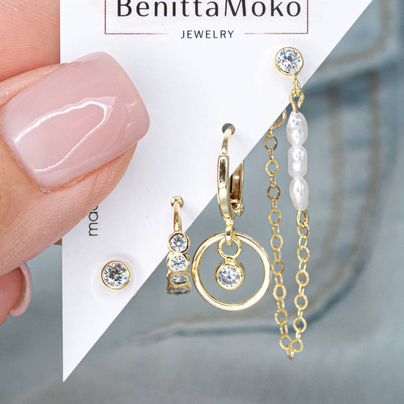 Exquisite Set: CZ Studs, Pearl Chain Earrings, and Karma Charm Hoop | BenittaMoko