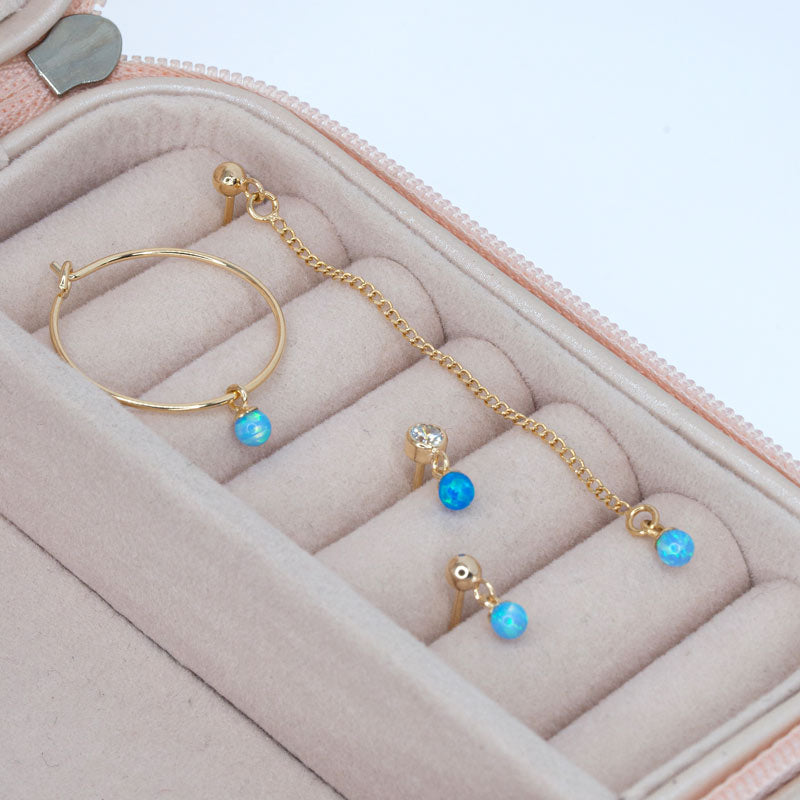 Oceanic Elegance: Set of Blue Opal Studs, Hoops, and Chain