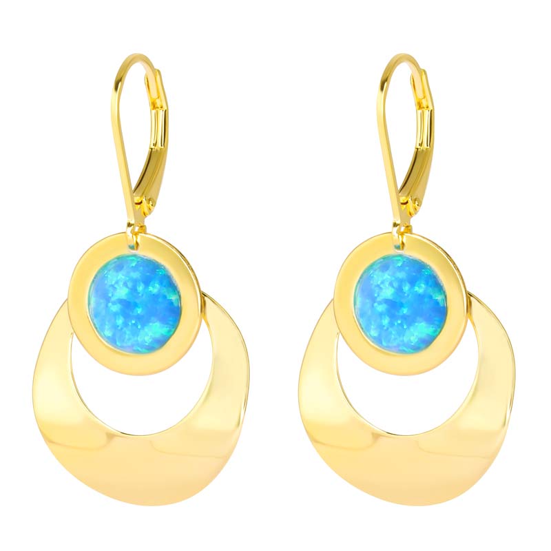 Gold Blue Opal Circle Disc Dangle Earrings for Women