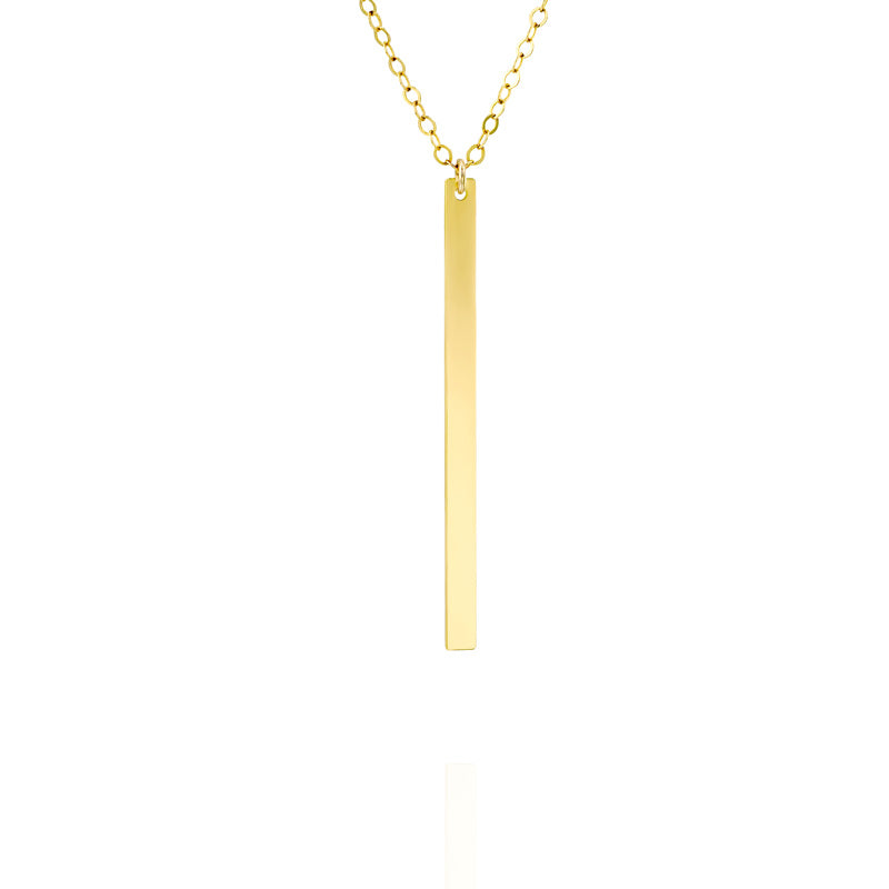 A gold vertical bar necklace. The necklace features a long, slender bar pendant that hangs vertically from a delicate chain. The gold plating gives the necklace a luxurious and elegant look that is suitable for various occasions. It can be worn on its own or layered with other necklaces for a fashionable statement