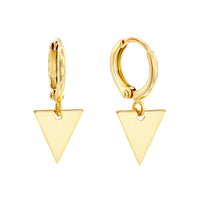 Pair of gold-plated hoop earrings with a triangular pendant. Featuring a sleek, minimalist design, these hoop earrings feature a delicate triangular pendant that adds a touch of sophistication and style. The gold plating gives the earrings a luxurious and elegant look that can be paired with a variety of outfits for a trendy look.